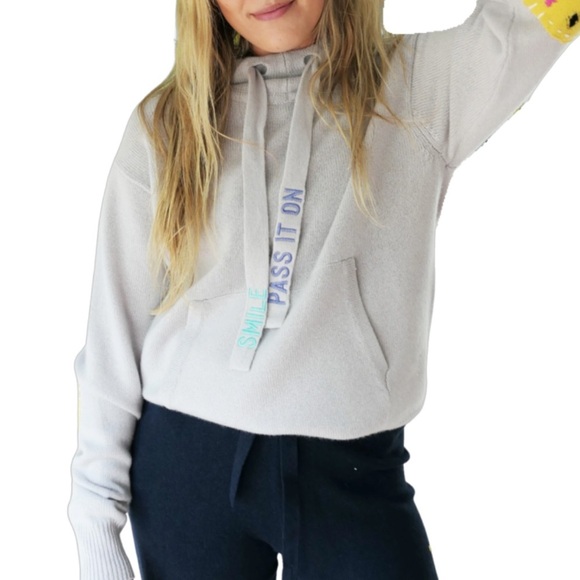 Kerri Rosenthal Smile Pass It On Cashmere Patch Hoodie Sweater size large - Picture 2 of 8